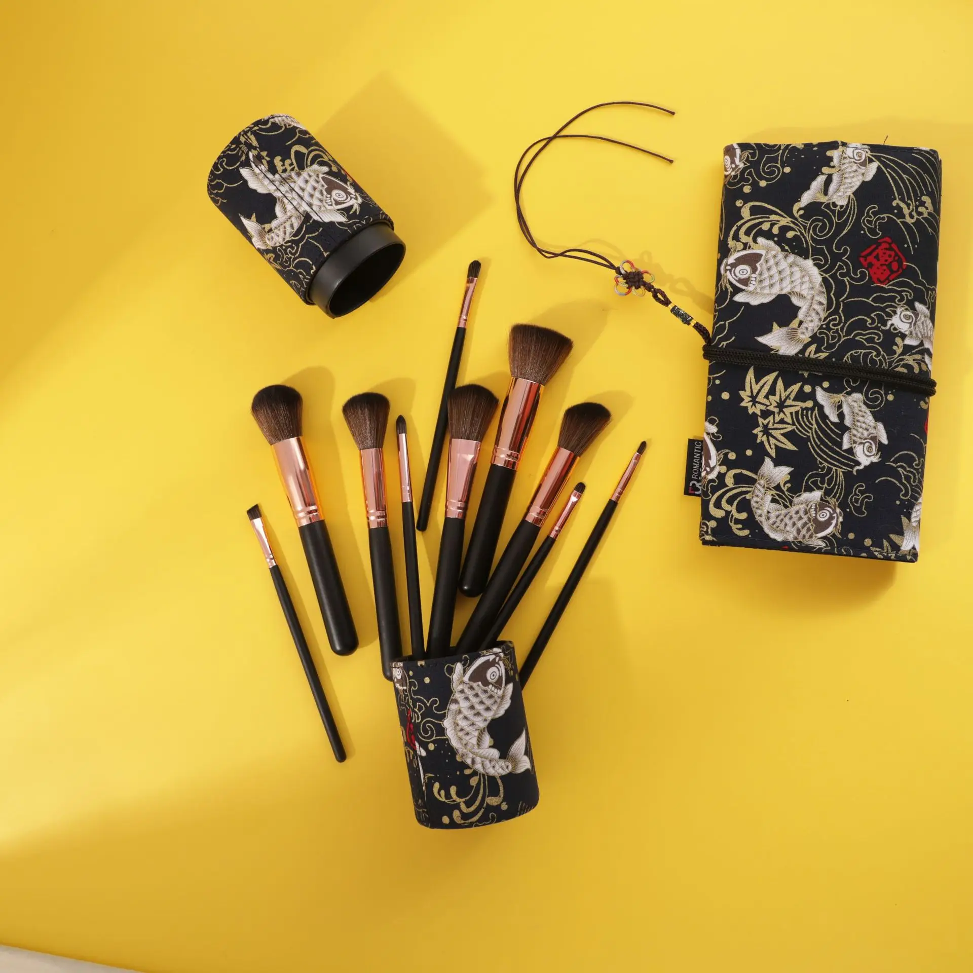 Estilo chinês Cosmetic Makeup Brush Set, Organizador de maquiagem, Face Foundation Brush, Cosmetic Bag