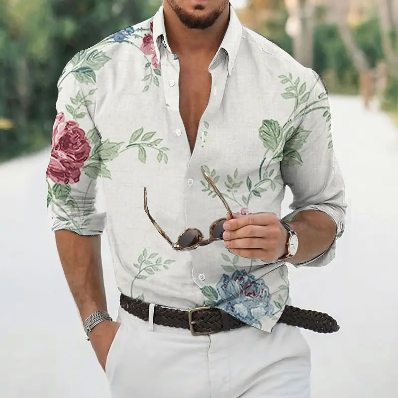 Camisa com estampa floral em folhas 3D havaiana masculina, camisa de manga comprida, lapela de botão, roupa confortável, tops casuais, nova, primavera e outono