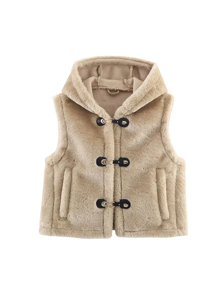 

Women Autumn Winter Vest 2025 Women New Fashion Sleeveless Hooded Button Fur Vest Women Elegant Hight Street Leisure Vest Top