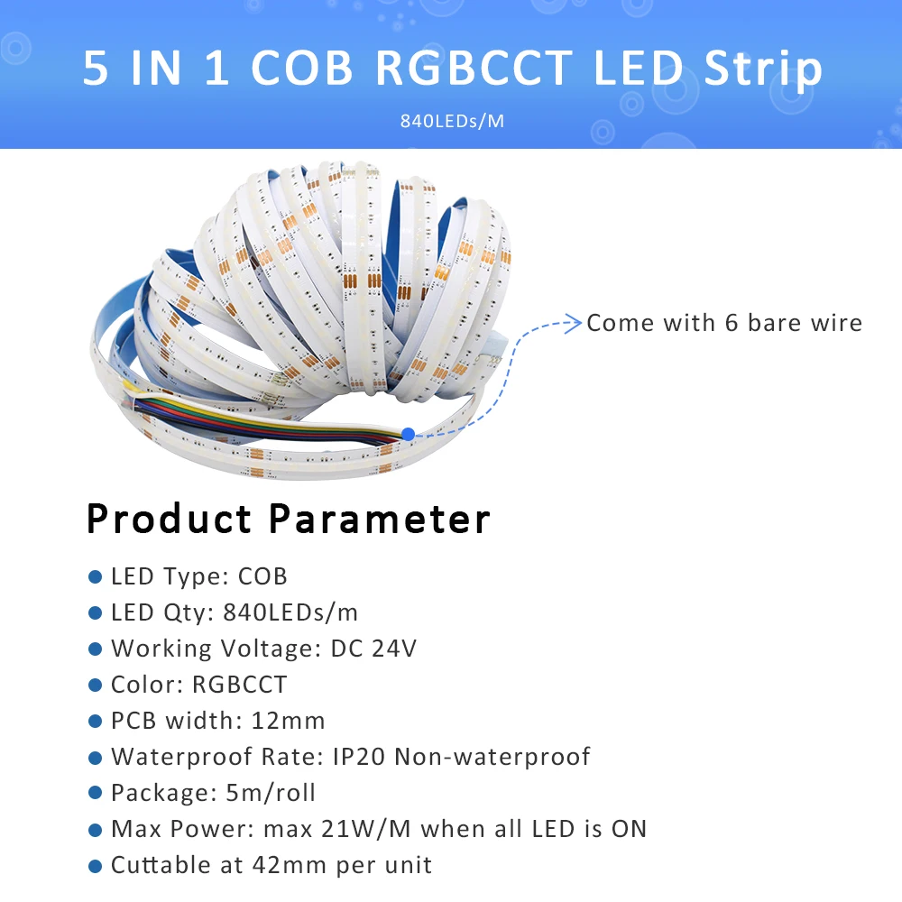 5M RGBCCT COB LED Strip Light DC 24V 840LEDs/m RGB CCT Dotless Flexible FCOB LED Tape Ribbon Lamp for Room Decoration Lighting