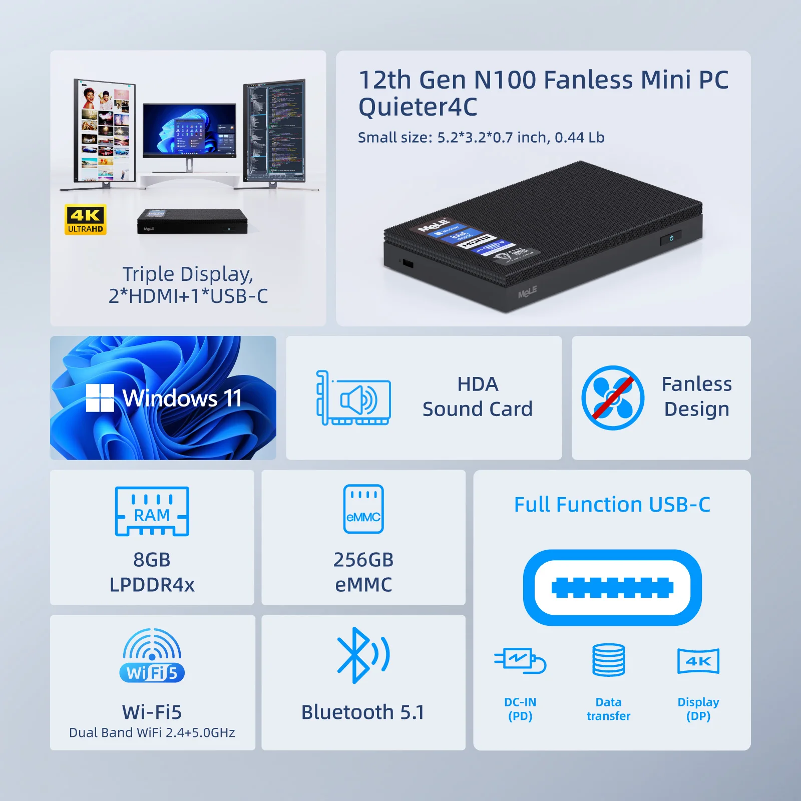 MeLE Slim Mini PC N100 Fanless Desktop Computer LPDDR4X Windows 11 16GB 512GB Industrial Mini PC 2.4/5G WiFi,USB-C,IoT,Quieter4C