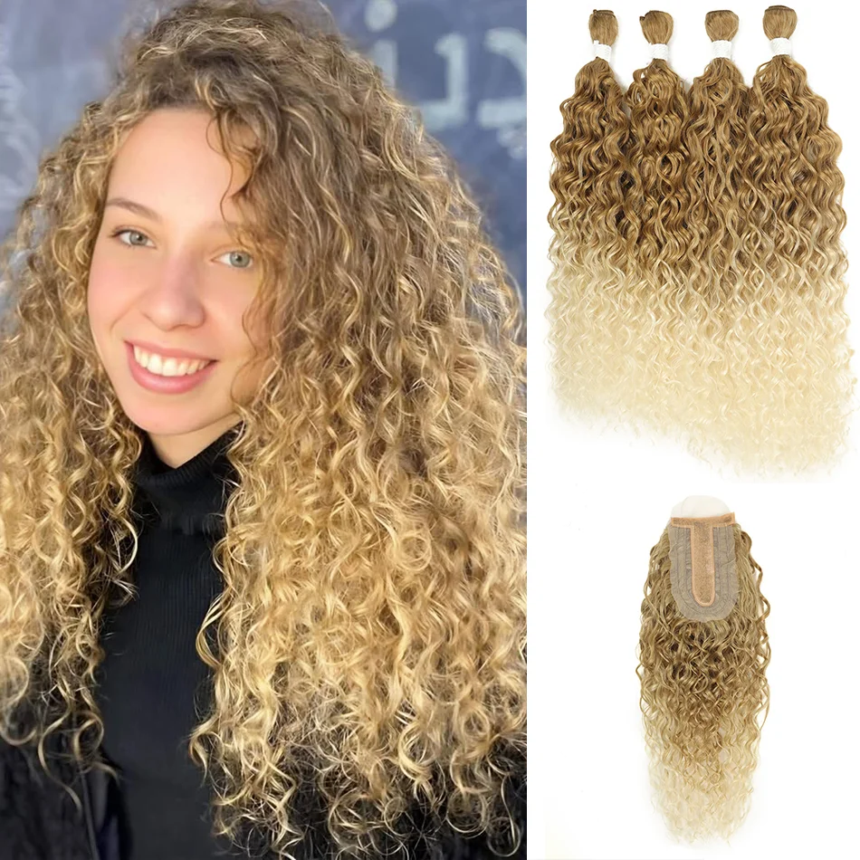 Synthetic Kinky Curly Water Wave Hair Bundles 4pcs with Closure High Temperature Fiber Ombre Blonde Hair Extensions for Women