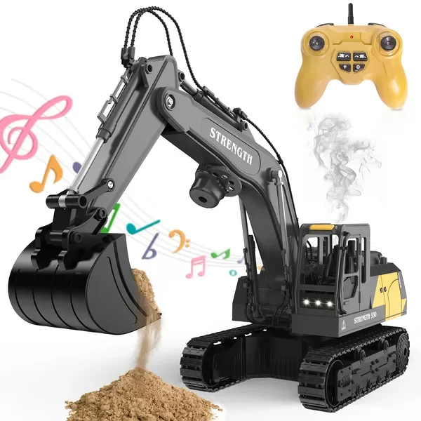1:20 Scale Black Alloy Remote Control Excavator with 12-Way Functionality for Kids and Adults, Realistic Construction Vehicle
