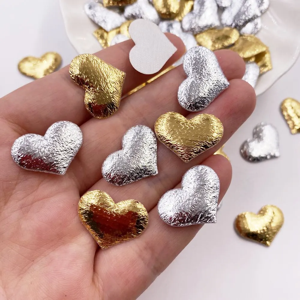 200pcs 20mm Padded Gold Silver Cloth Pretty Heart Shape Appliques Wedding Patches DIY Headdress Bow Accessories Craft Supplies