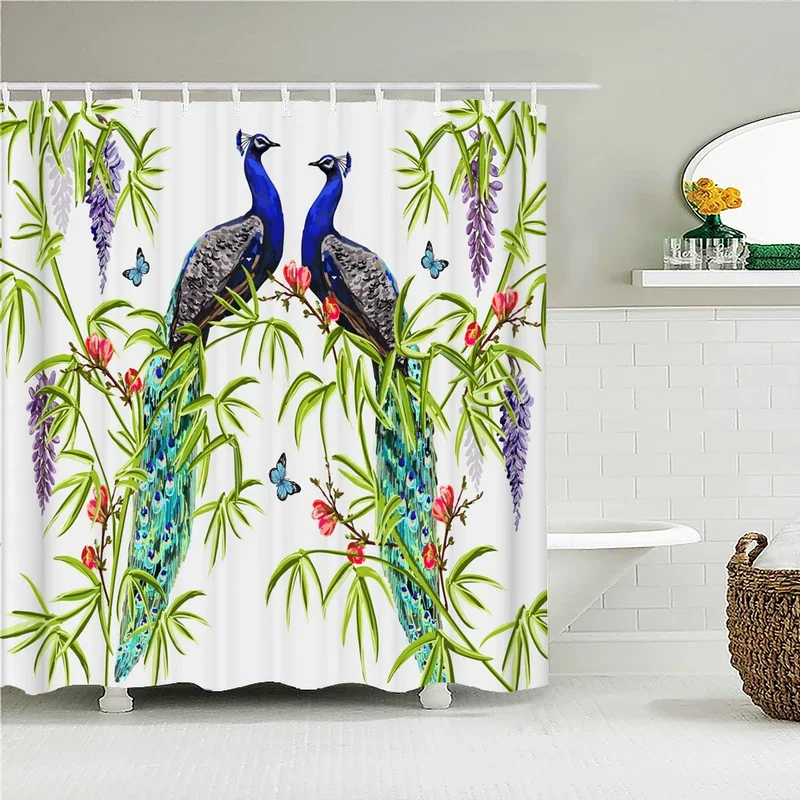 China Bird Printed Bath Curtain Waterproof Curtain 3D Polyester Fabric Shower Curtain With Hooks for Washable Bathroom Decor