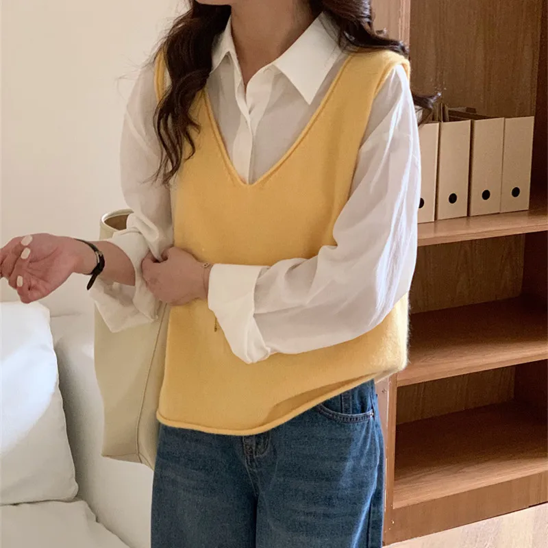 

New Women's Svel Knitted Vest V-Ne Pullover Loose ort Outerwear Woolen Vest Autumn Initial Outer Layer Commute E11146