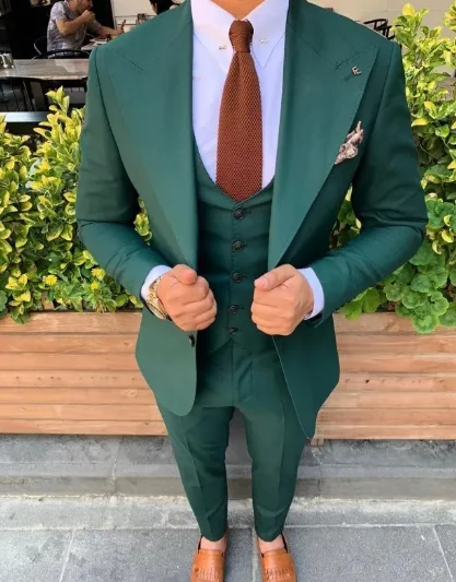 

Green Wide Peaked Lapel Men Suits Costume Homme Wedding Tuxedos Groom Prom Party Slim Fit Blazer 3 Pieces Jacket+Vest+Pant