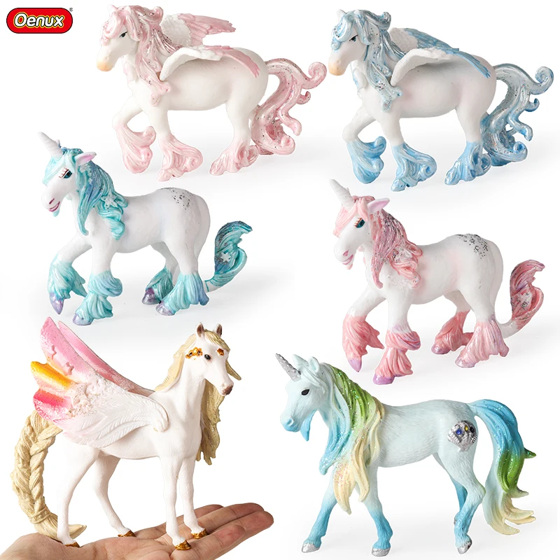 

Oenux Mythical Rainbow Pegasus Simulation Animal Fairy Tale Fly Horse Action Figures Model PVC Educational Toys Girl Gift