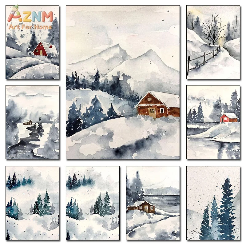 AZNM Watercolor Winter Mountain Cabin Canvas Print Snow Pine Forest River Nordic Scenery Rustic Home Unframed Wall Poster Decor