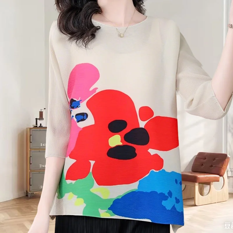 

Miyake Pleated T-shirt 2025 Spring Fold Tops Womens Seven-minute Sleeve Loose Big Yards Cover The Belly Thin Print Pleat T-shirt