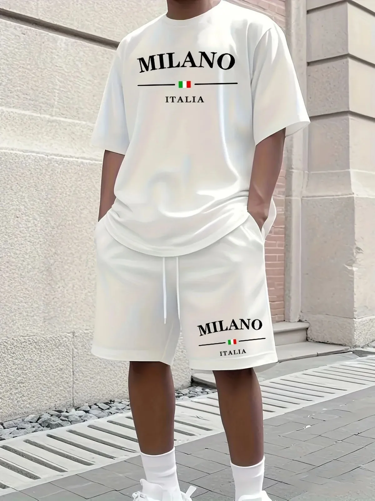 

New Men's Summer Milan Letter Printed Comfortable Breathable Round Neck T-shirt Drawstring Shorts Set Outdoor Streetwear