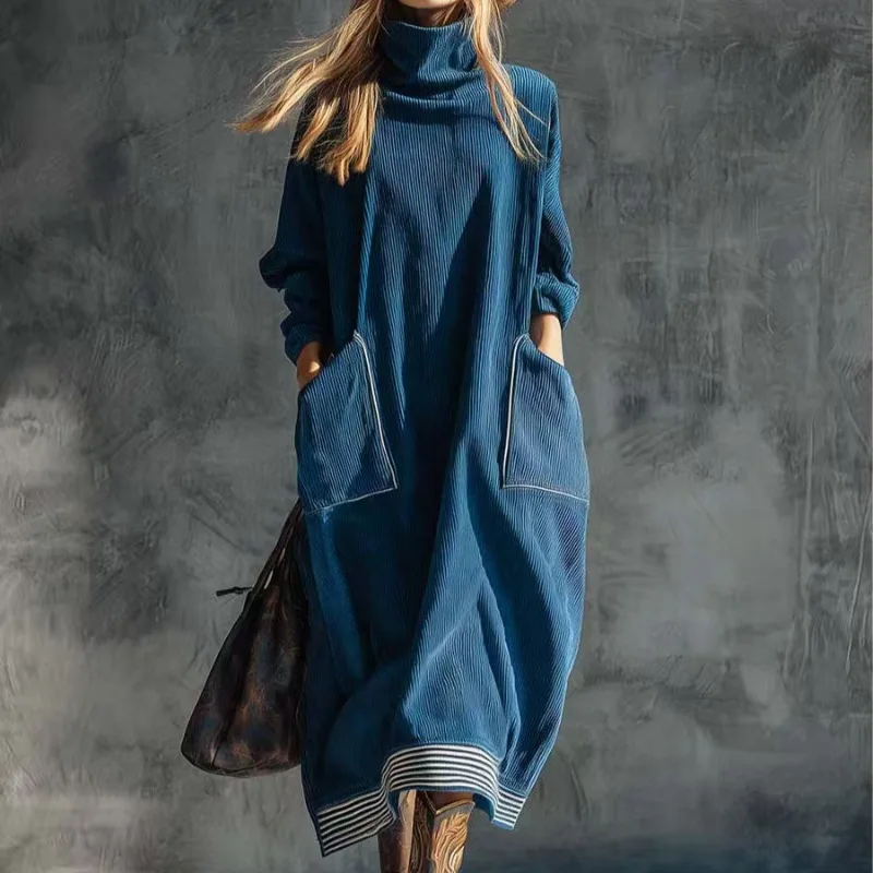 Women's Vintage Blue Ribbed Knit Dress Bohemian Turtleneck Oversized Casual Long Dress with Pockets view 3