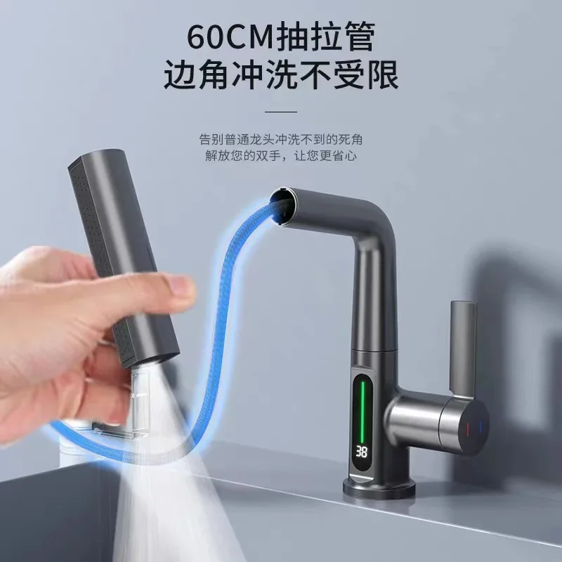 Rotating Pulling Lifting Digital Display Faucet Bathroom Smart Temp Tap Faucet 5sprayer Water Saving Hotcold Washbasin Faucet360