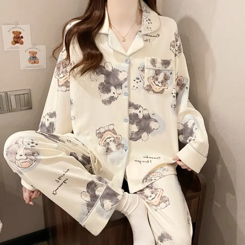 

2025 New Women's Cotton Pajamas Long Sleeve Long Pants Home Clothes Cute Doggie Suitable for Outdoor Soft Cotton Sleepwear