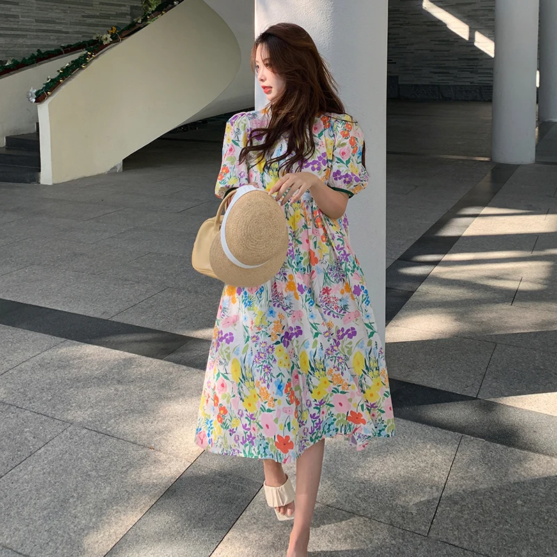 Plus Size 4XL Women Floral Painting Midi Long Dress Summer Puff Short Sleeve O Neck Beach Party Dresses Vestido Robe Clothing