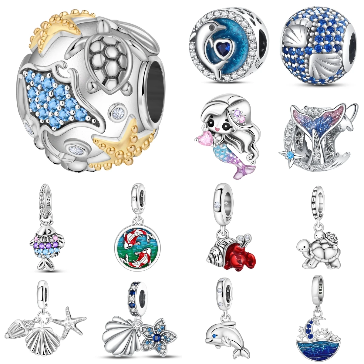 

925 Sterling Silver Sea Star Sea Turtle Marine Animal pendants Bracelet Charms Fit Jewelry Party Beads DIY Fine Gifts Accessory
