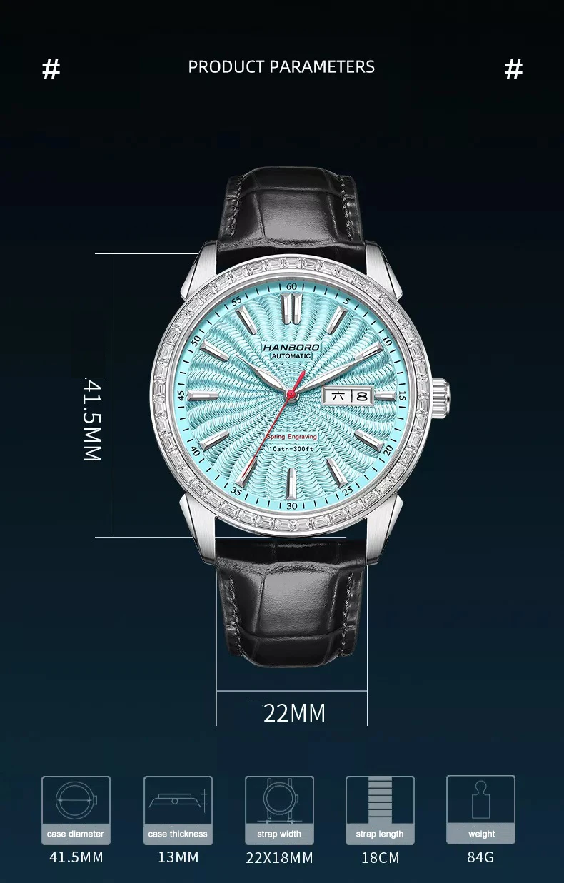 HANBORO Orologio automatico da uomo 41,5 mm Orologio da polso meccanico Specchio con zaffiro luminoso Doppio calendario Data della settimana