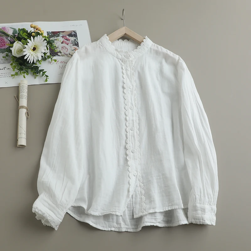 

Women Summer Lace Edged Double Layers Cotton Yarn Stand Collar White Long Sleeve Shirt Blouse Tops