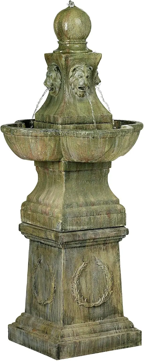 Large 54 Inch High Garden Pedestal Outdoor Fountain Italian Faux Stone Floor Standing Tall Bubbler Water Feature Outside Patio Y
