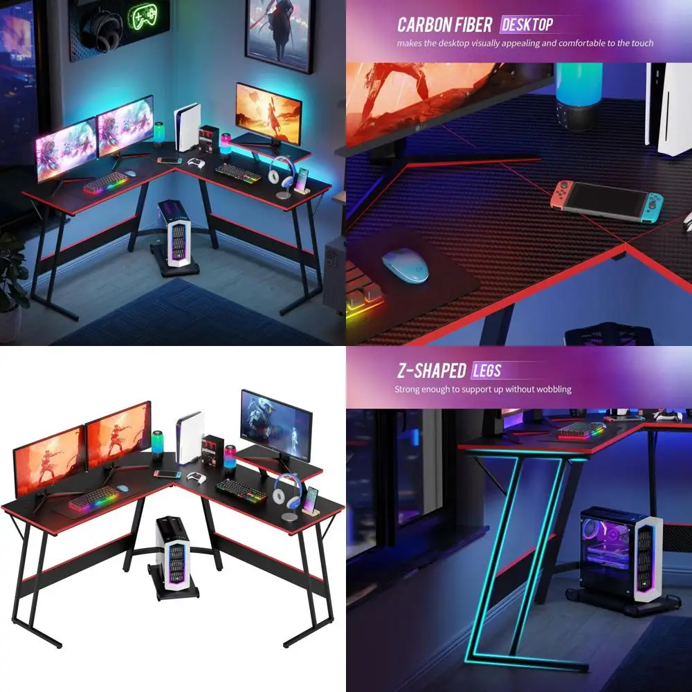 

Игровой L-образный стол 51: компьютерная и рабочая станция с подставкой для большого монитора, черный