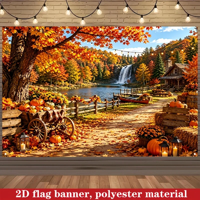 1PC Thanksgiving Fall Harvest Pumpkin Cabin Waterfall Print Backdrop Banner, Bedroom Photo Background, Polyester, Home Decor