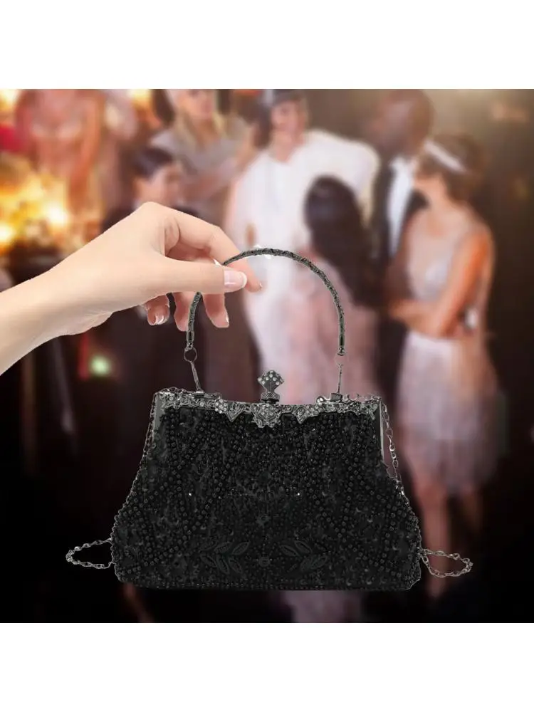 Handmade Beadwork Clutch Purse Women Elegant Beaded Evening Bag Prom Party Handbag with Floral Handle Metal Chain Shoulder Bag