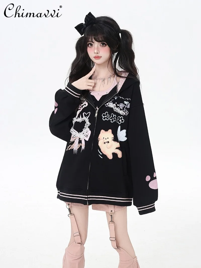 2025 roupas de outono nova moda solta kawaii jaqueta feminina bonito meninas feminino doce renda xadrez gato impressão com capuz manga longa casaco