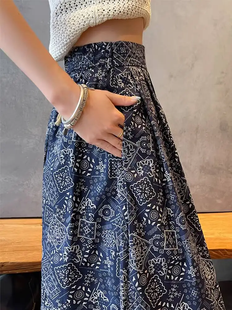 

2026 Summer New Women's Vintage Printed Wide Leg Pants Loose A Line High Waist Casual Trousers Bohemian Style Daily Wear