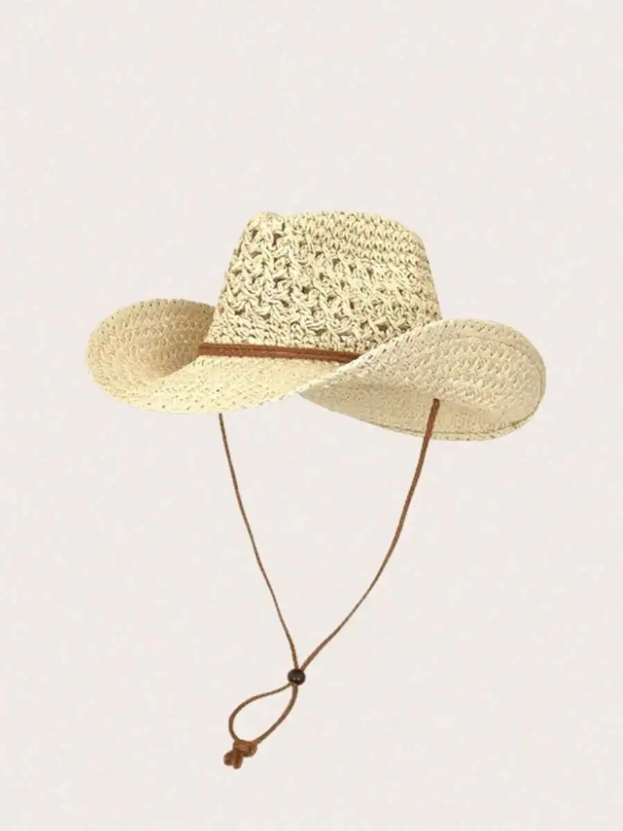 

Handmade Panama Cowboy Straw Hat Bohemian Beach Sun Hat Windproof Casual Vacation Travel Hat