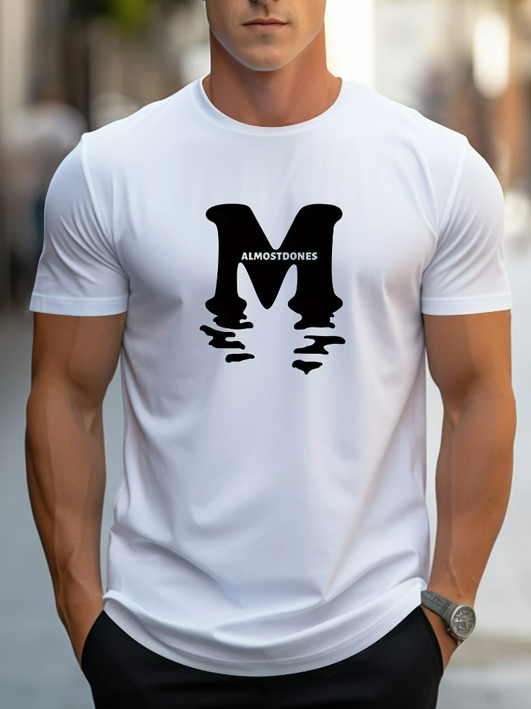 

M and Reflection graphic printing, men's novel graphic design 100% cotton T-shirt, summer leisure and comfortable T-shirt.