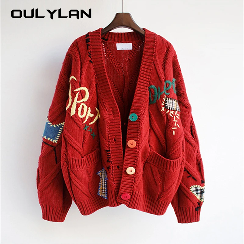 Retro Oversize Style Sweater Loose Knit Cardigan Top for Women Autumn Winter Hand Embroidered Thick Warm Sweater Jacket