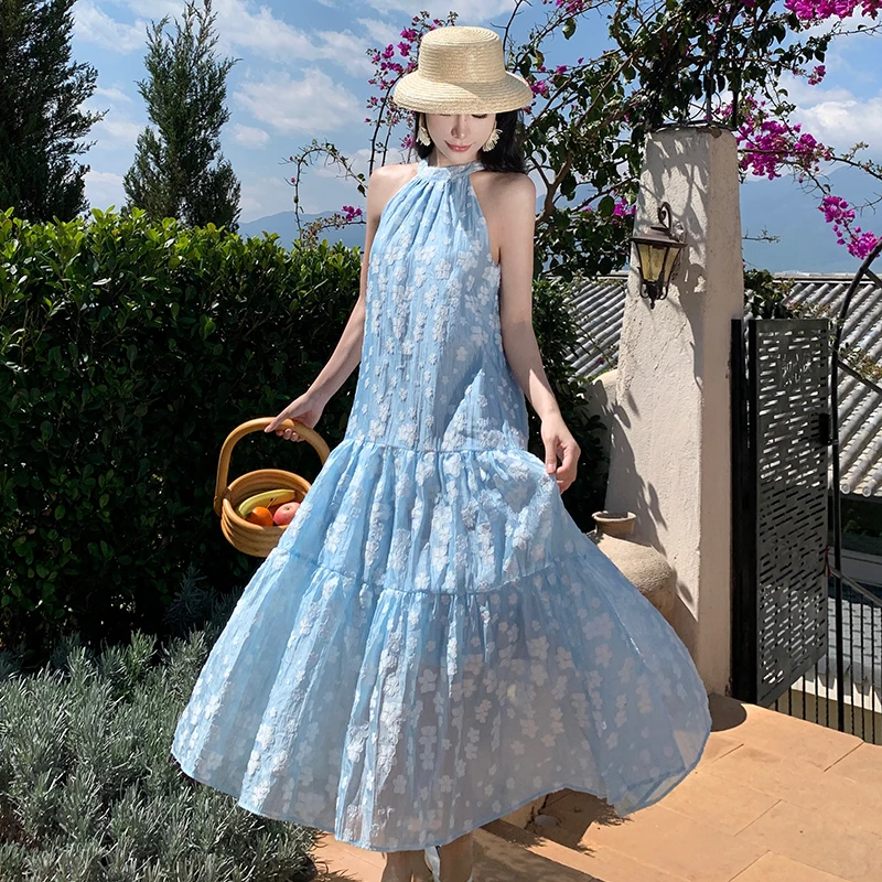 Ele Blue Floral Ricamo Off-oulder Svel Long Dr per le donne Summer Vaion Beach Holiday Gonna gonfia