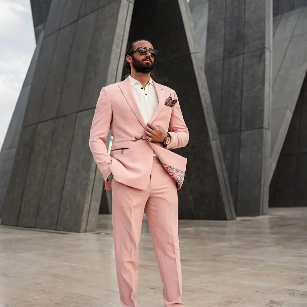 Light Pink Men Suit 2 Pieces Jacket Pants Chic One Button Peak Lapel Slim Fit Wedding Groom Prom Party Business Formal Set