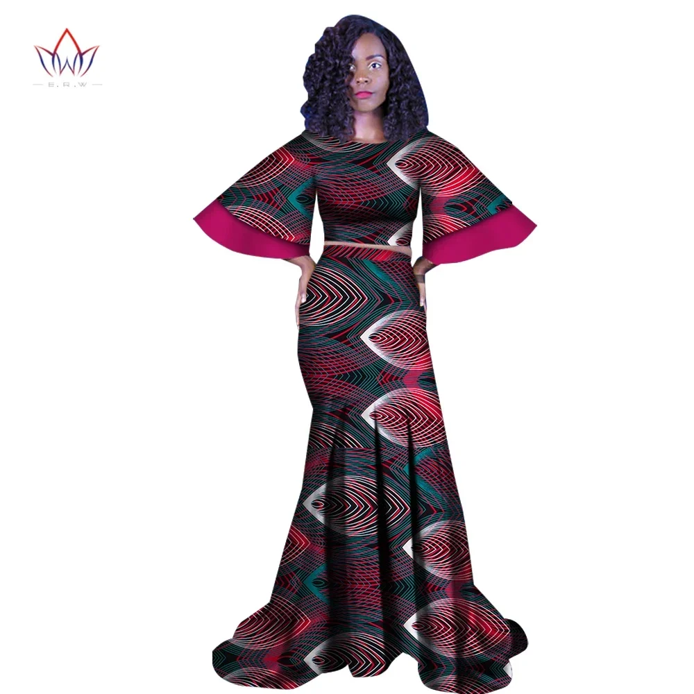 

BintaRealWax Africa Print Women 2 Piece Outfit Sets Bazin Riche Plus Size African Clothes Dashiki Half- Sleeve Skirt Sets WY3004