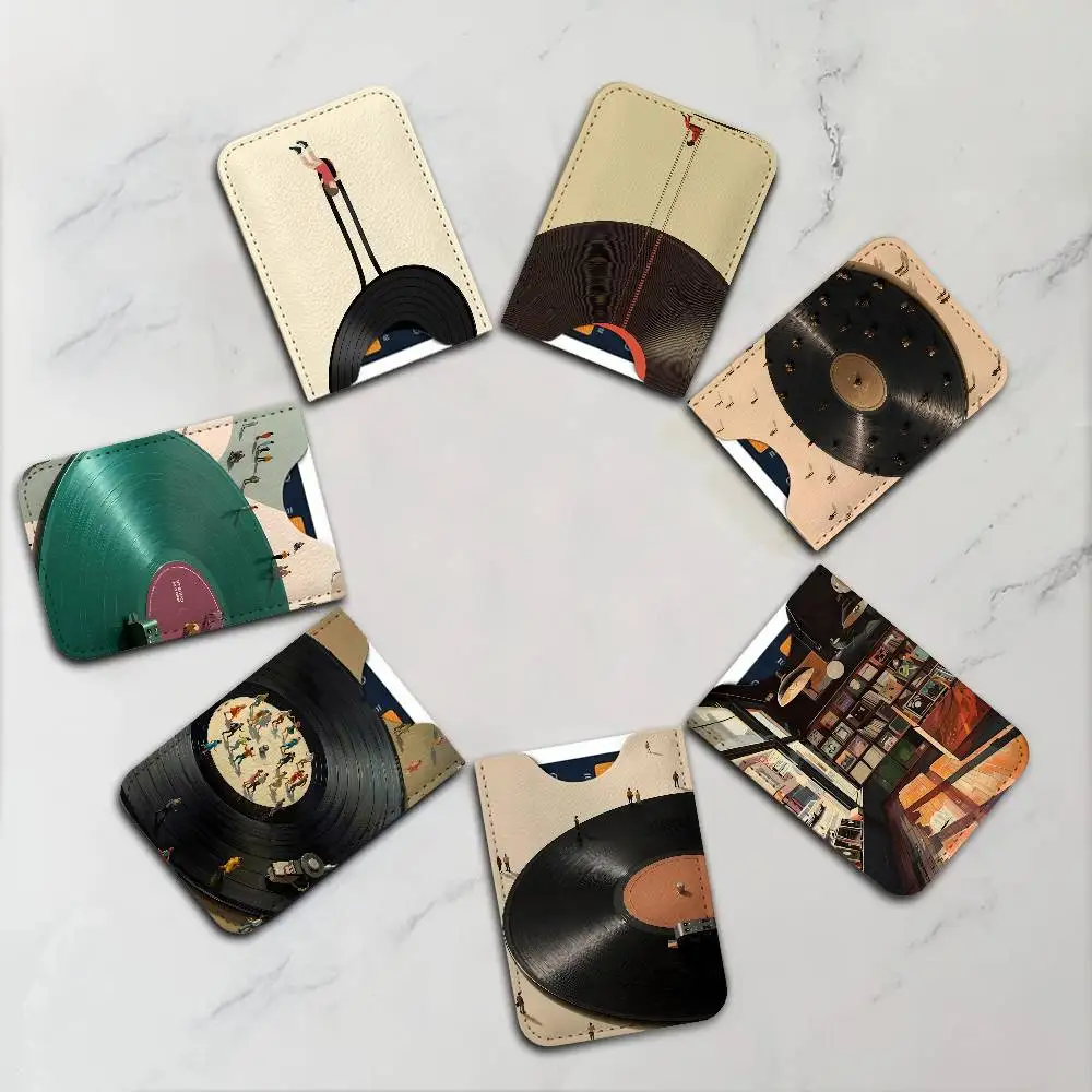Retro Vinyl Record Store Minimalist Tiny Figure Chic Music Illustration PU Leather Slim Credit Card ID CardBusiness Card Case
