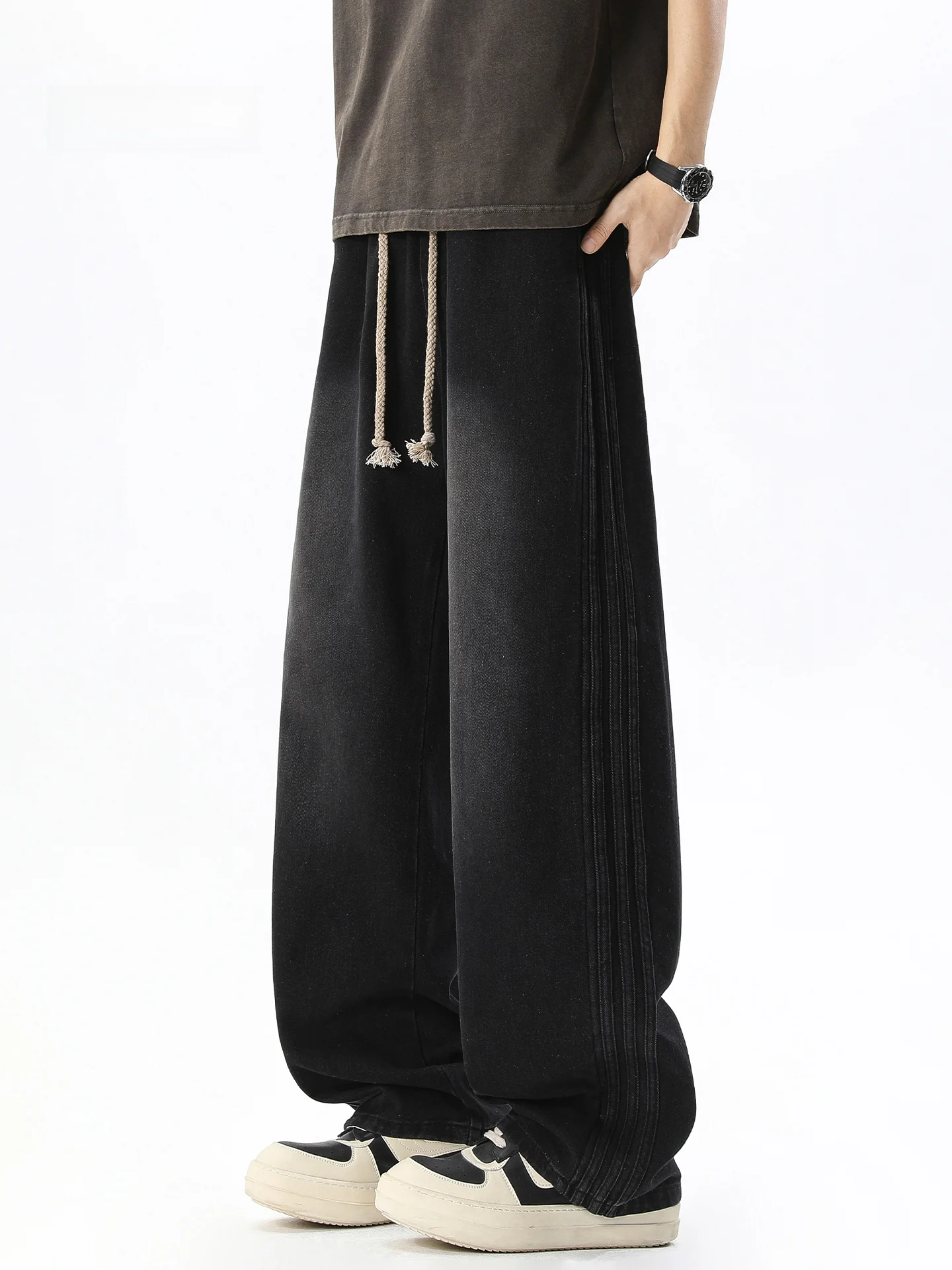 Retro American Waed Fce Lined Elastic Waist Thiened Men's Jeans Casual Straight Leg Pants High Street Sle