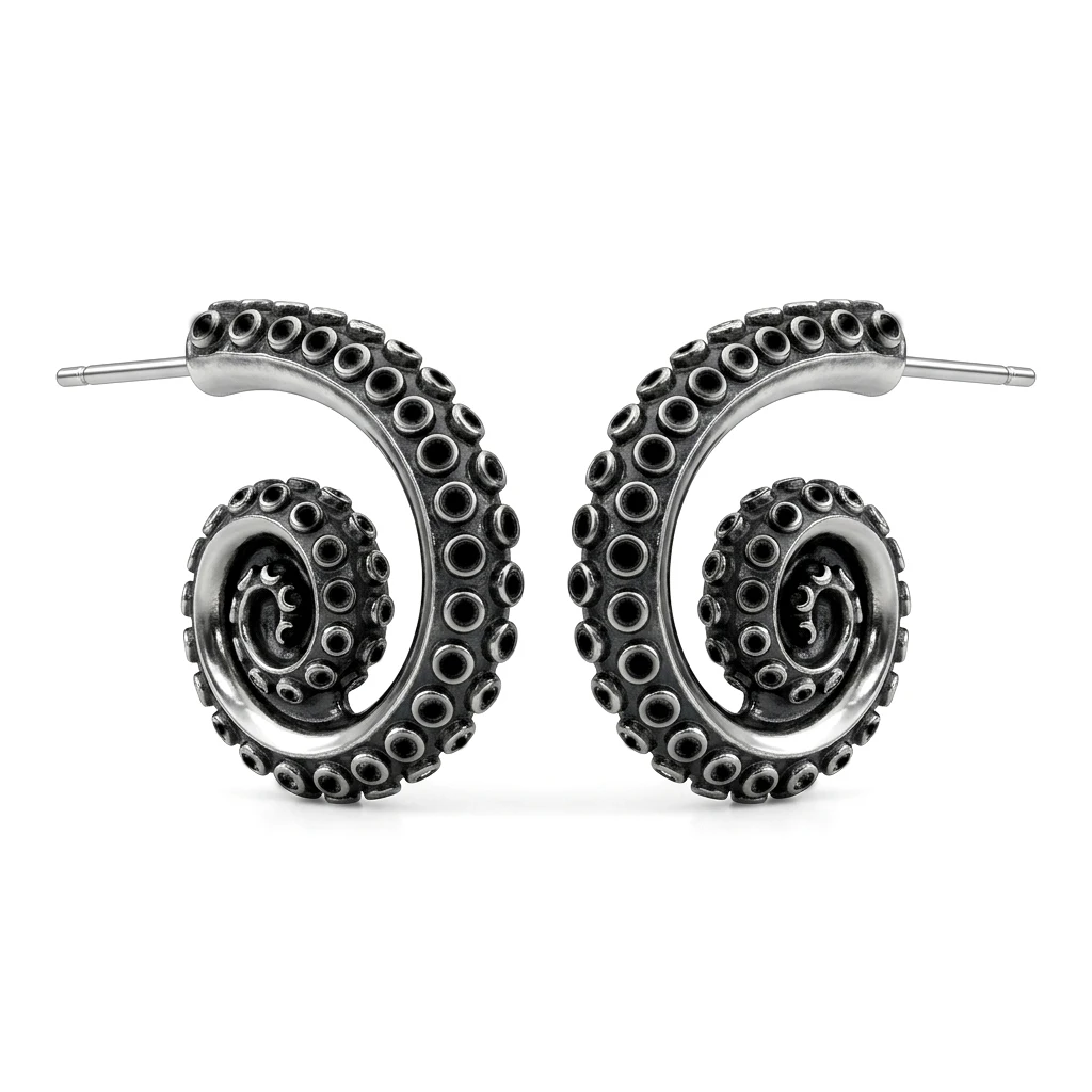 Gothic Octopus Tentacle Spiral Stud Earrings For Women Men Vintage Punk Silver Color Kraken Jewelry C-Shape Piercing Earring
