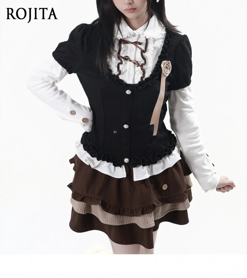 

Three-dimensional Rose Brooch Vintage Puff Sleeve Knit Top Sweet Girl Lace Shirt Collar Long Sleeves Tops Tiered Cake Skirt