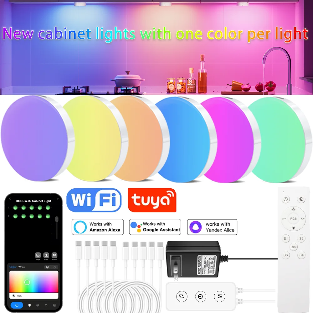

Tuya Wi-Fi RGB Цветное освещение под шкафом с дистанционным управлением Ночные светильники с регулируемой яркостью Кухонный шкаф Шкафы Лестничный декор для Alexa