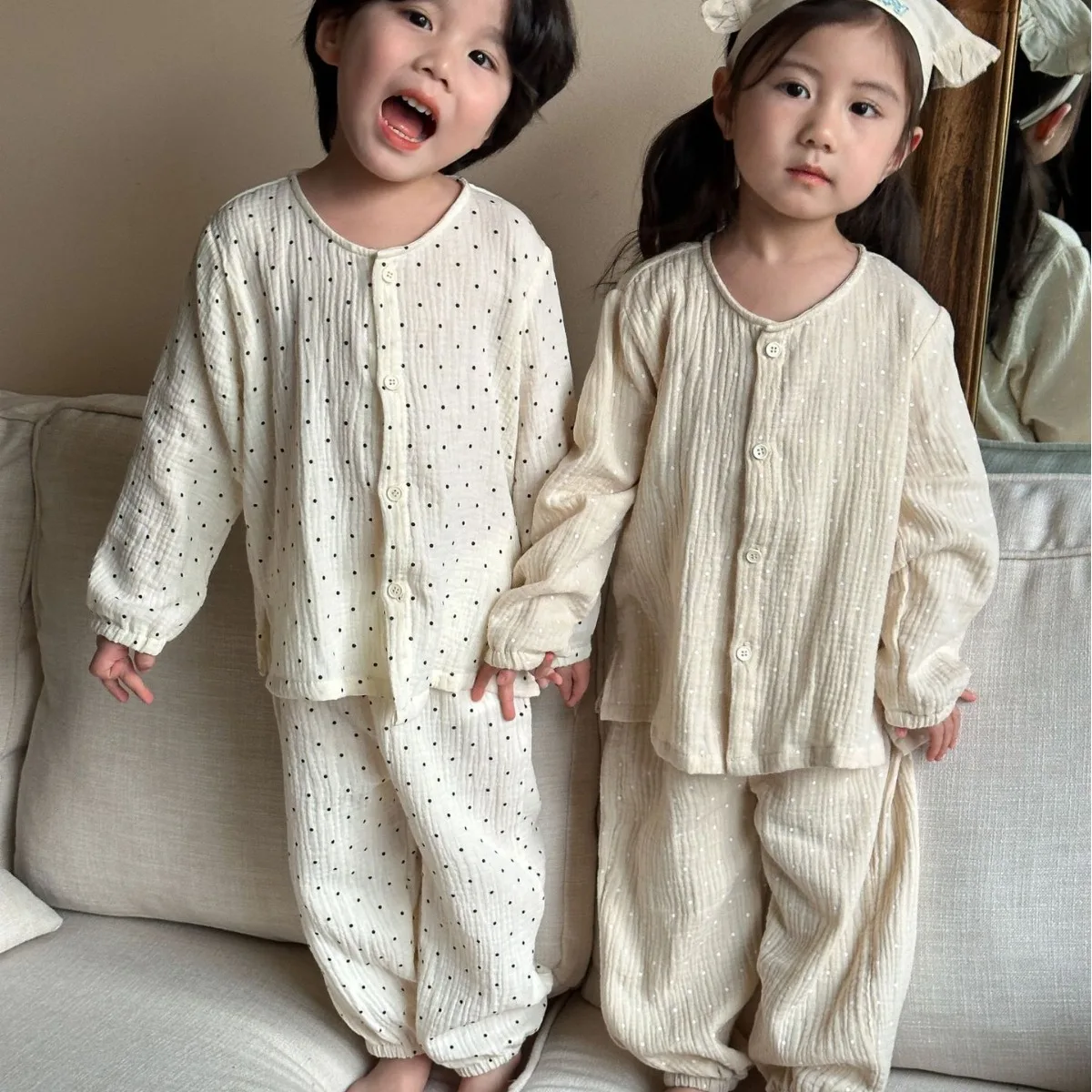 2024 Spring Autumn Kids Girls Homewear Set Cotton Long Sleeve Dot Tops Loose Solid Pants Sleepsuit Children Girls Pajamas