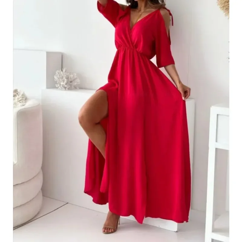 Robe de soirée longue pour femmes, nouvelle collection, tempérament à la mode, décontractée, épaules dénudées, fendue, couleur unie, col en v