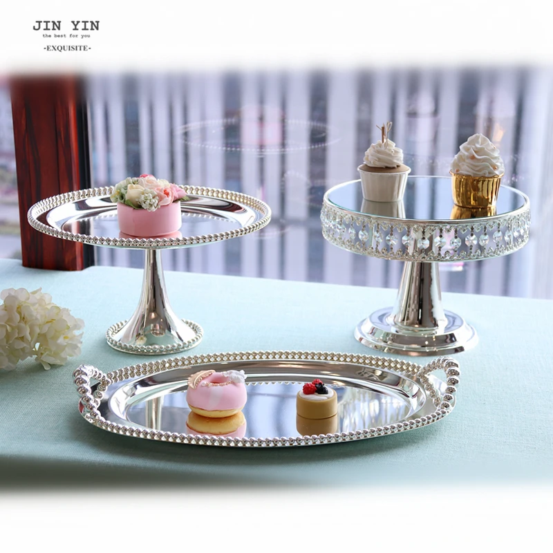 

Tall dessert table set, crystal mirror cake plate, high-end wedding pastry coffee break ornament, silver series