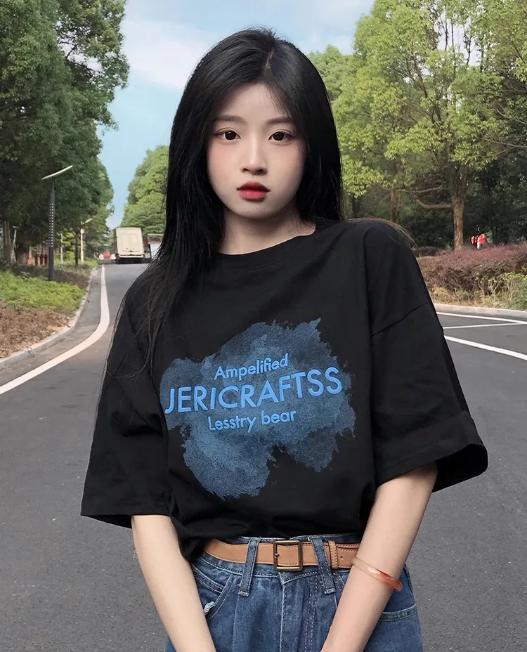 T-shirt ortod Sve in puro cotone da donna con stampa di lettere americane Capispalla dimagrante versatile e alla moda Larghezza superiore