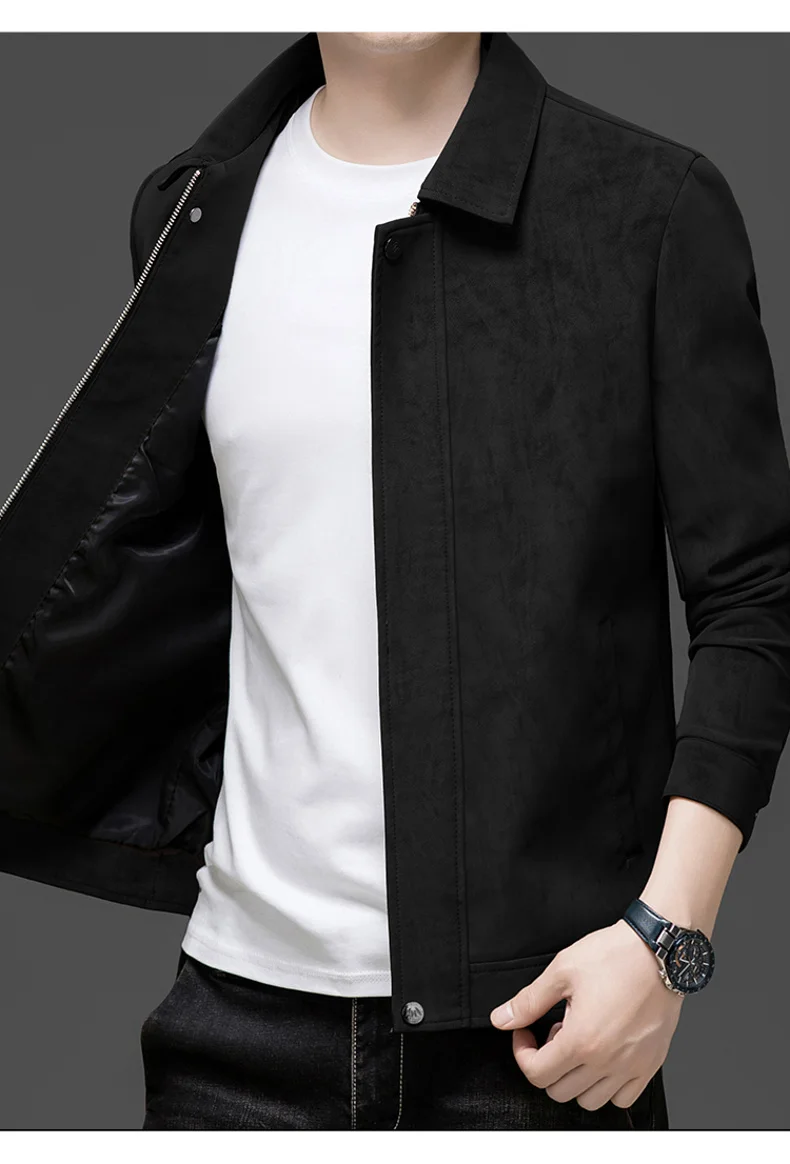 Solid Brown Suede Fabric Zip Front Lapel Collar Jacket Straight Trim Light Wind Resistant Outerwear For Mens Business Casual