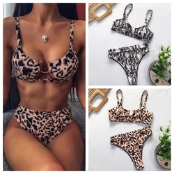 Maillot de bain imprimé léopard pour femmes, bikini sexy, culotte tanga, ensemble 2 pièces, vêtements de plage