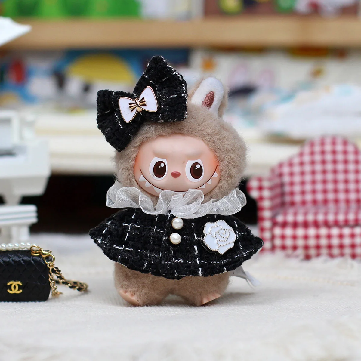Plaid Dress Bow Hair Set Clothes For 10.5cm Labubu 4.0 Monster Needle Pin for Love Series Doll's Dressing Clothing Accessories