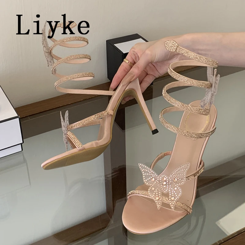 

Liyke Fashion Glitter Rhinestones Women Sandals Crystal Butterfly Round Toe Wedding Party Stripper Shoes High Heels Gold Silver