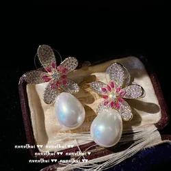 Delicate Elegant 925 Silver Freshwater Pearl Drop Earrings for Women AAA Zircon Flower Dangle Earrings Trendy Fine Jewelry Gift