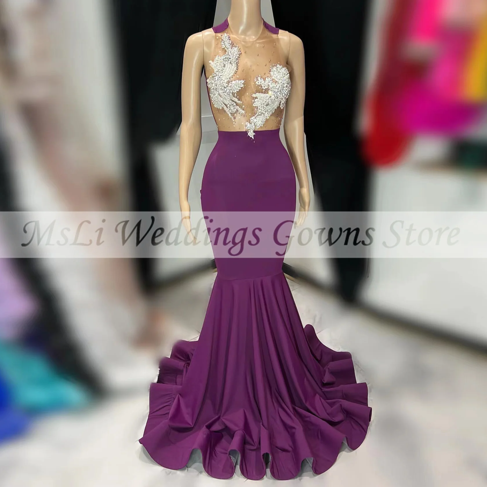 

Purple Sexy Mermaid Prom Dress For Black Girl Beads Appliques Sheer O-neck Floor Length Formal Party Evening Dress