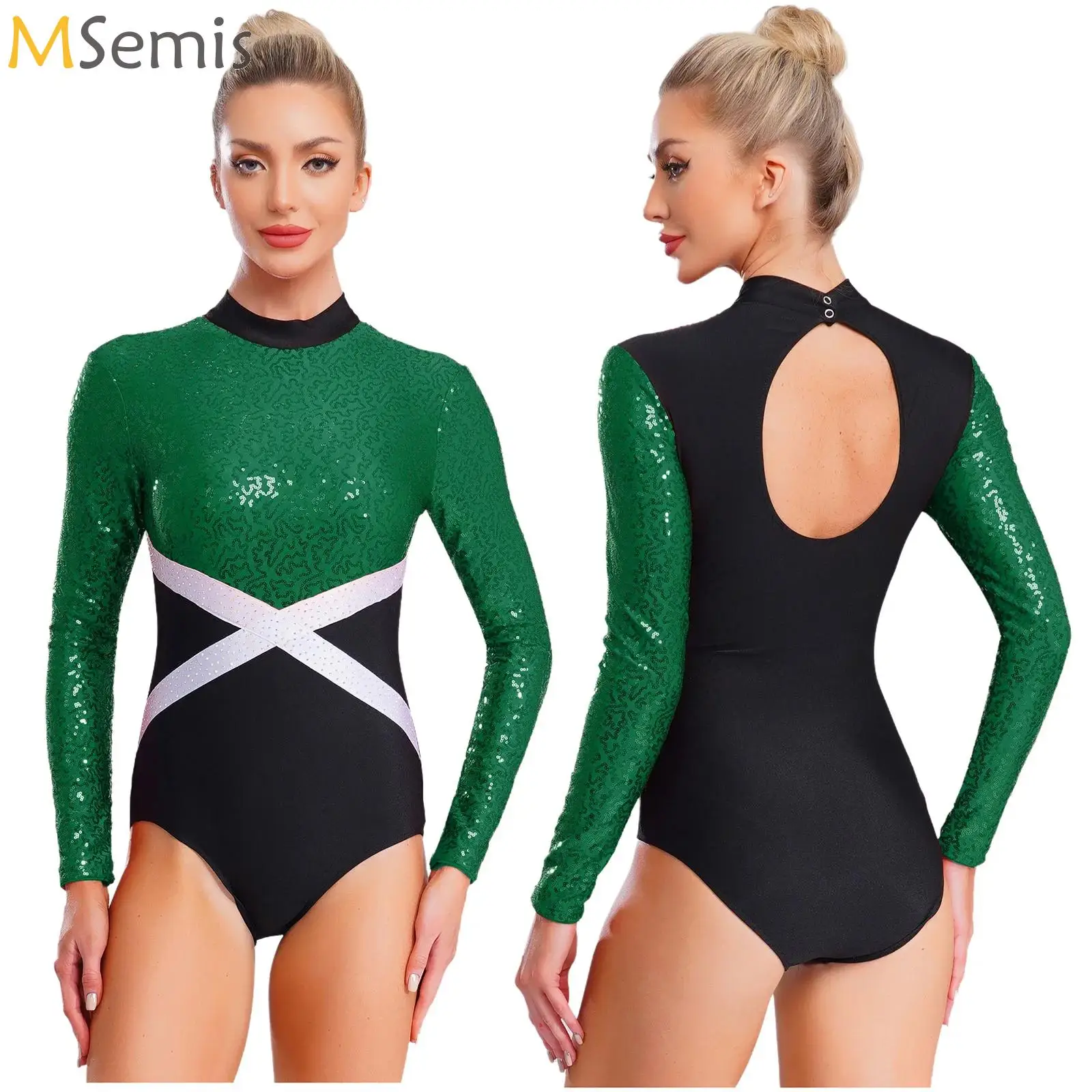 Justaucorps de gymnastique à paillettes pour femmes, maillot de danse de Ballet, couleur contrastée, manches longues, combinaison une pièce pour le patinage artistique